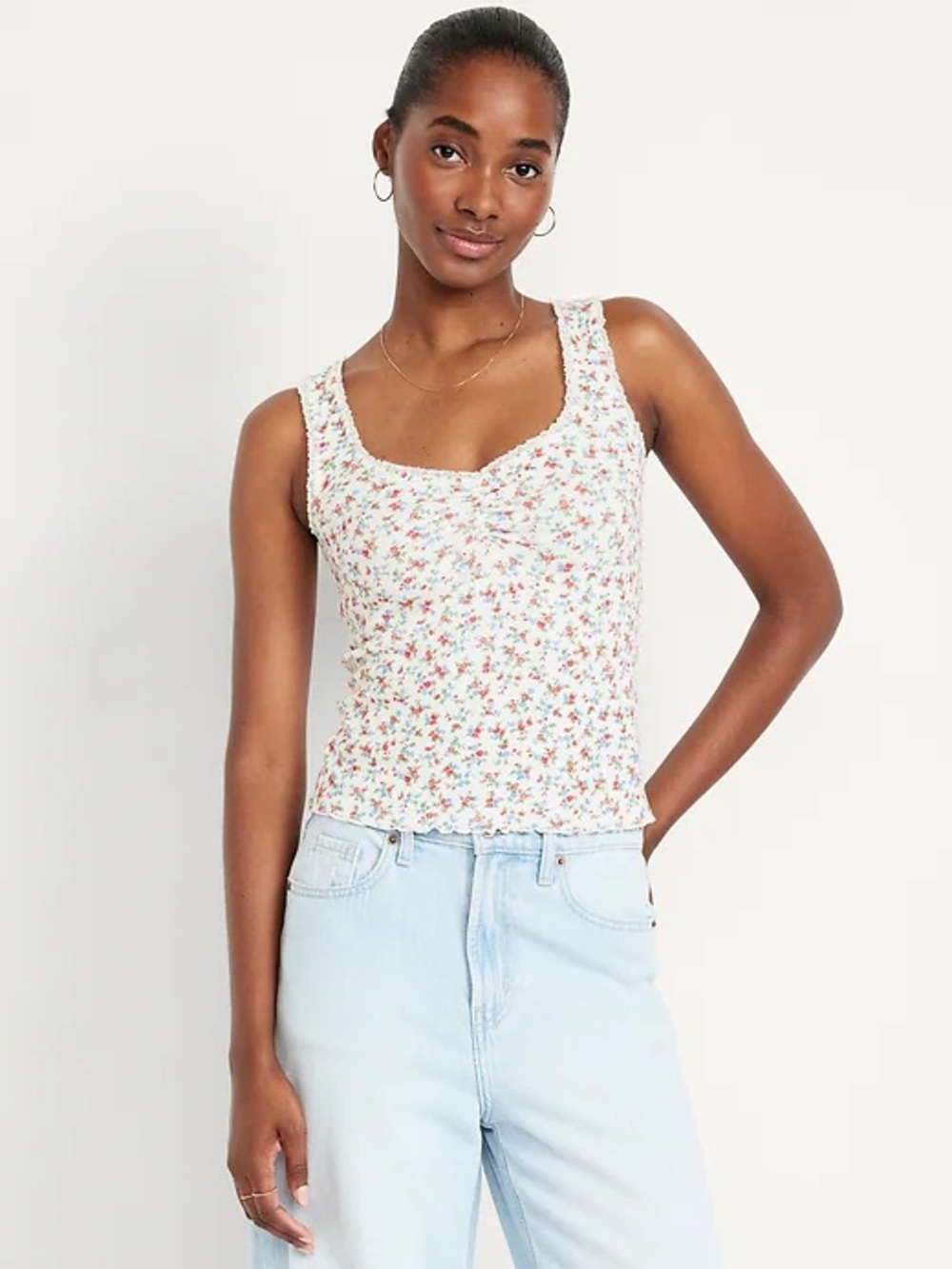 Old Navy White Floral Scoop Neck Tank Top